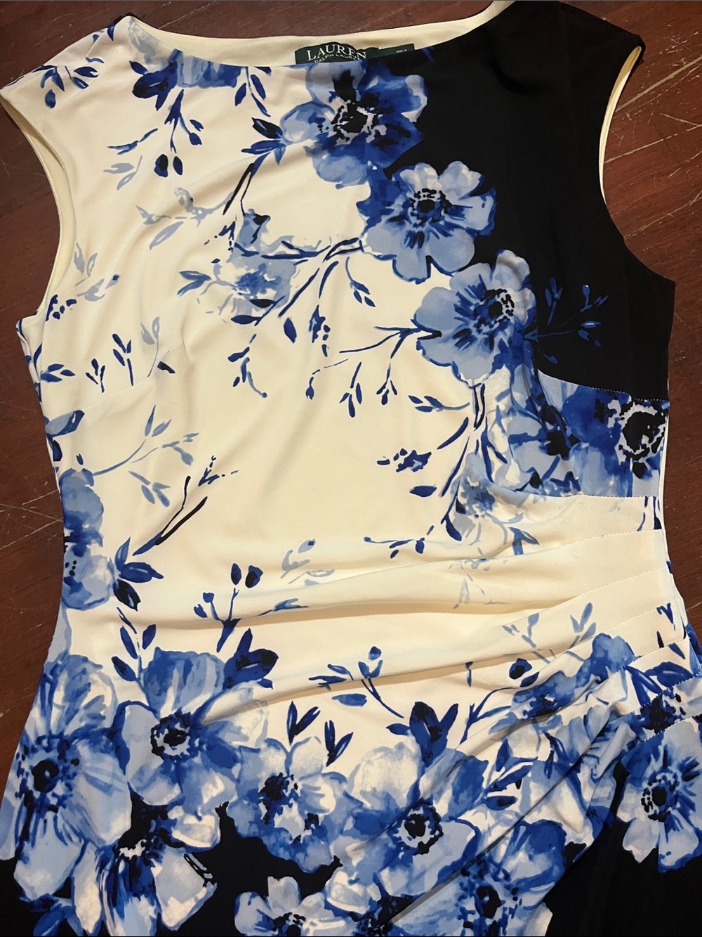 Ralph Lauren Black and Cream Midi Dress with Blue Floral Print - Picture 3 of 10